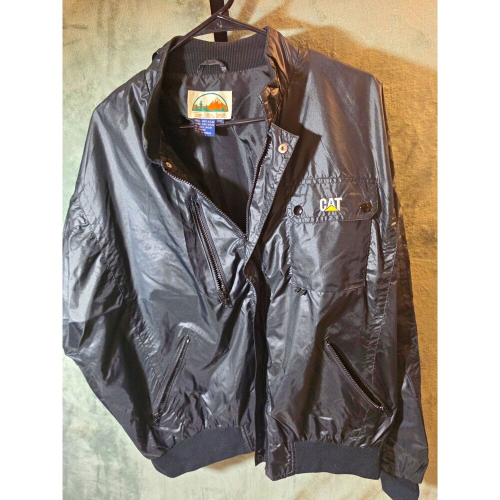 CAT Caterpillar Tomkin Inc Bomber Jacket XXL Black Nylon Full Zip Vintage USA